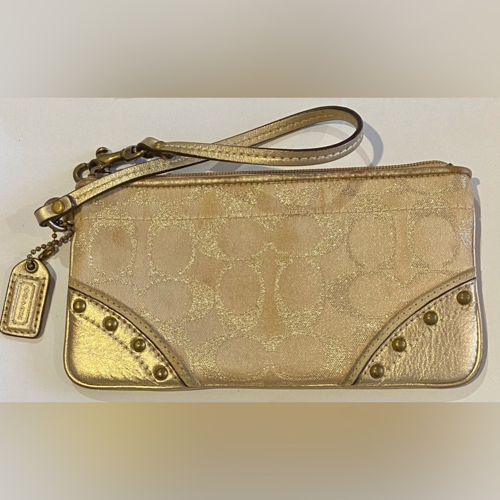 Coach Signature Studded Lurex Wristlet Wallet Brass/Gold Metallic